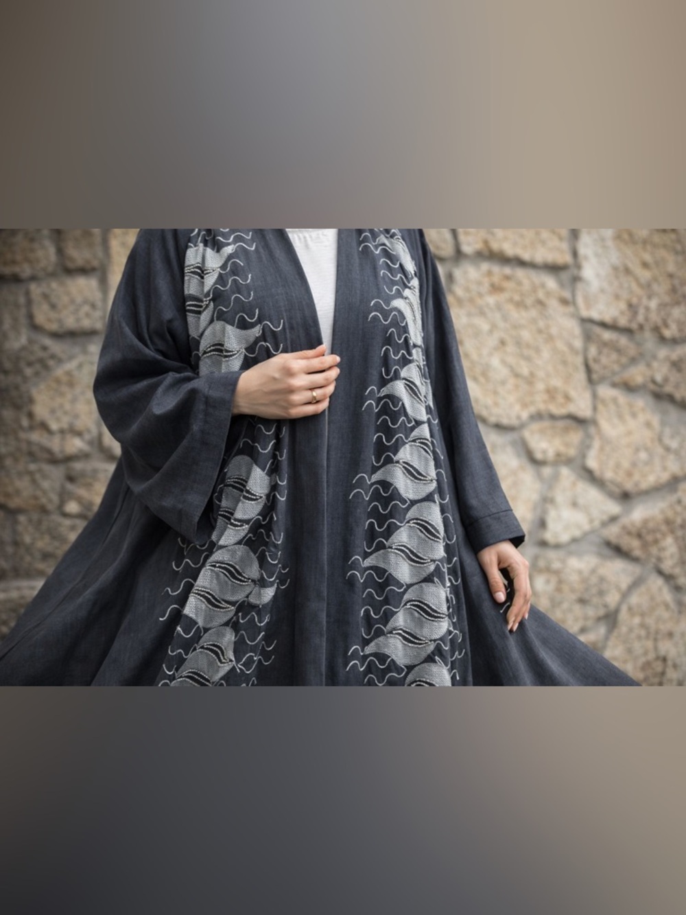 2 Piece Embroidered charcoal gray with a hint of navy and White Open Front abaya